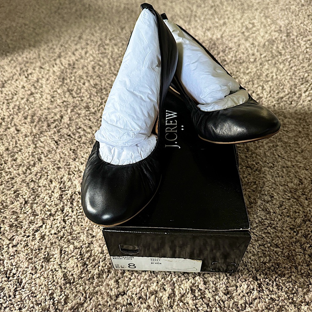 NIB J.Crew black leather ballet flats, size 8